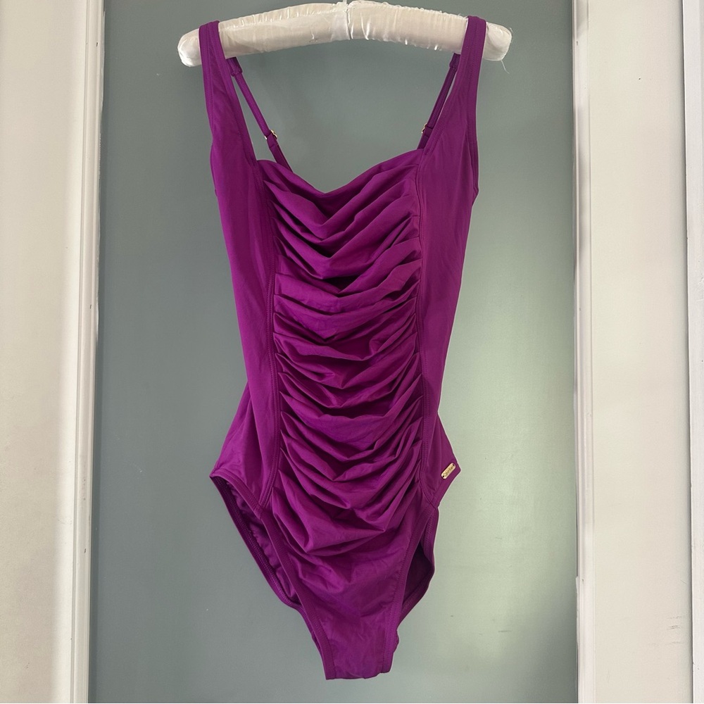 Calvin Klein NWOT Ruched Panel full coverage fushia/orchid one piece Swimsuit
